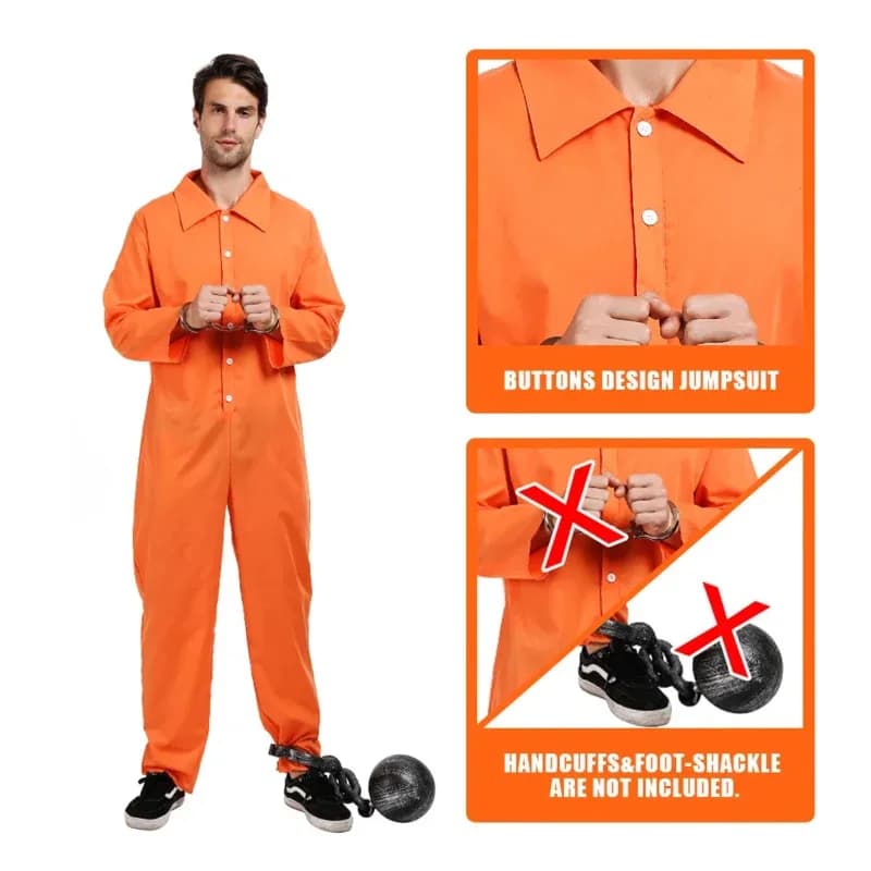 Tuta da prigioniero da uomo Cosplay Costume di Halloween per adulto Arancione Criminale Jailbird Inmate Camicia Carnevale Outfit UN2b;3's,6.e;