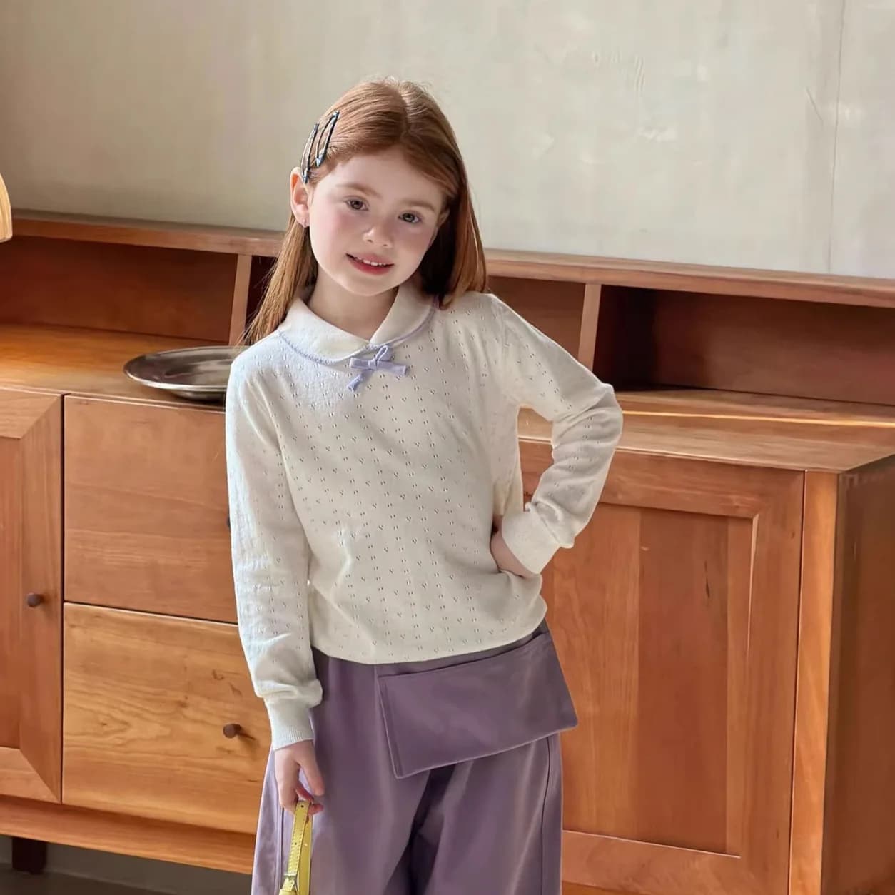 Nuova Maglietta a Maniche Lunghe con Fiocco per Bambine 2026, Top Estivo Alla Moda e Elegante in Maglia Traforata per Bambine