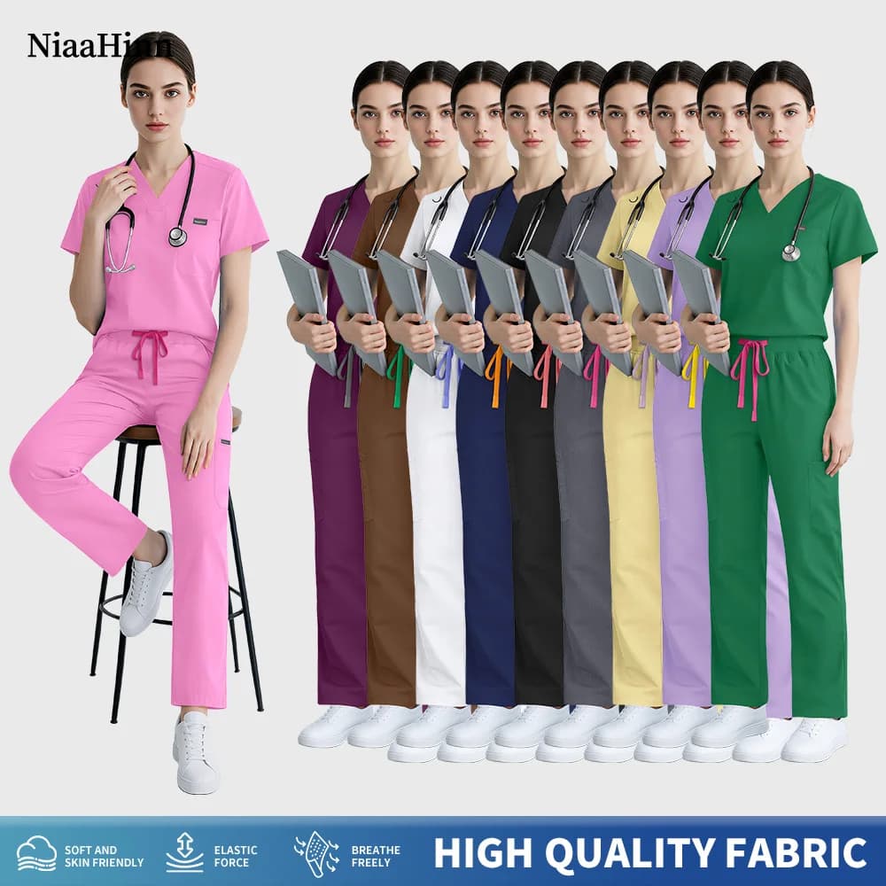 Niaahinn Dentistry Scrub Tops+pants Set Doctor Surgery Workwear Pet Grooming Nursing Uniform Hospital Medical Clothes Nurse Suit