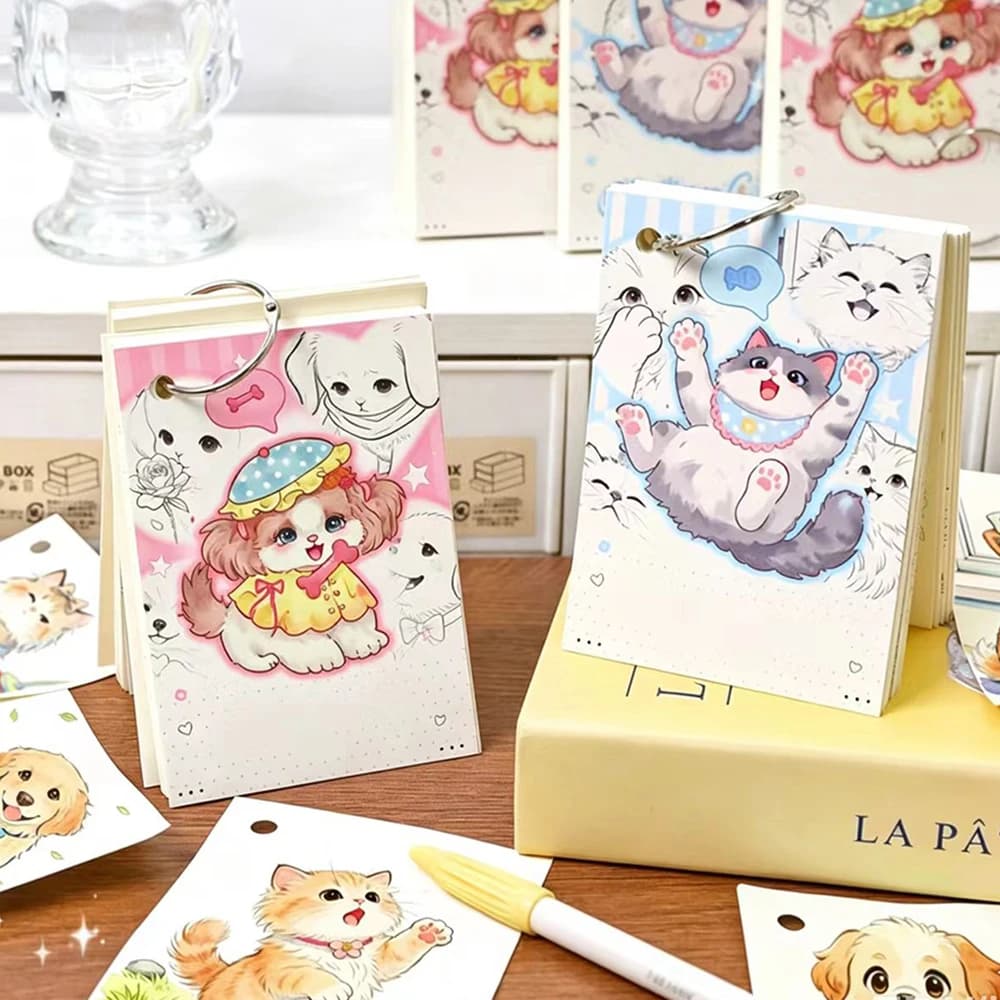 Cartoon copy line coloring book, mini loose leaf cute cat and dog sketchbook, DIY coloring student sketchbook