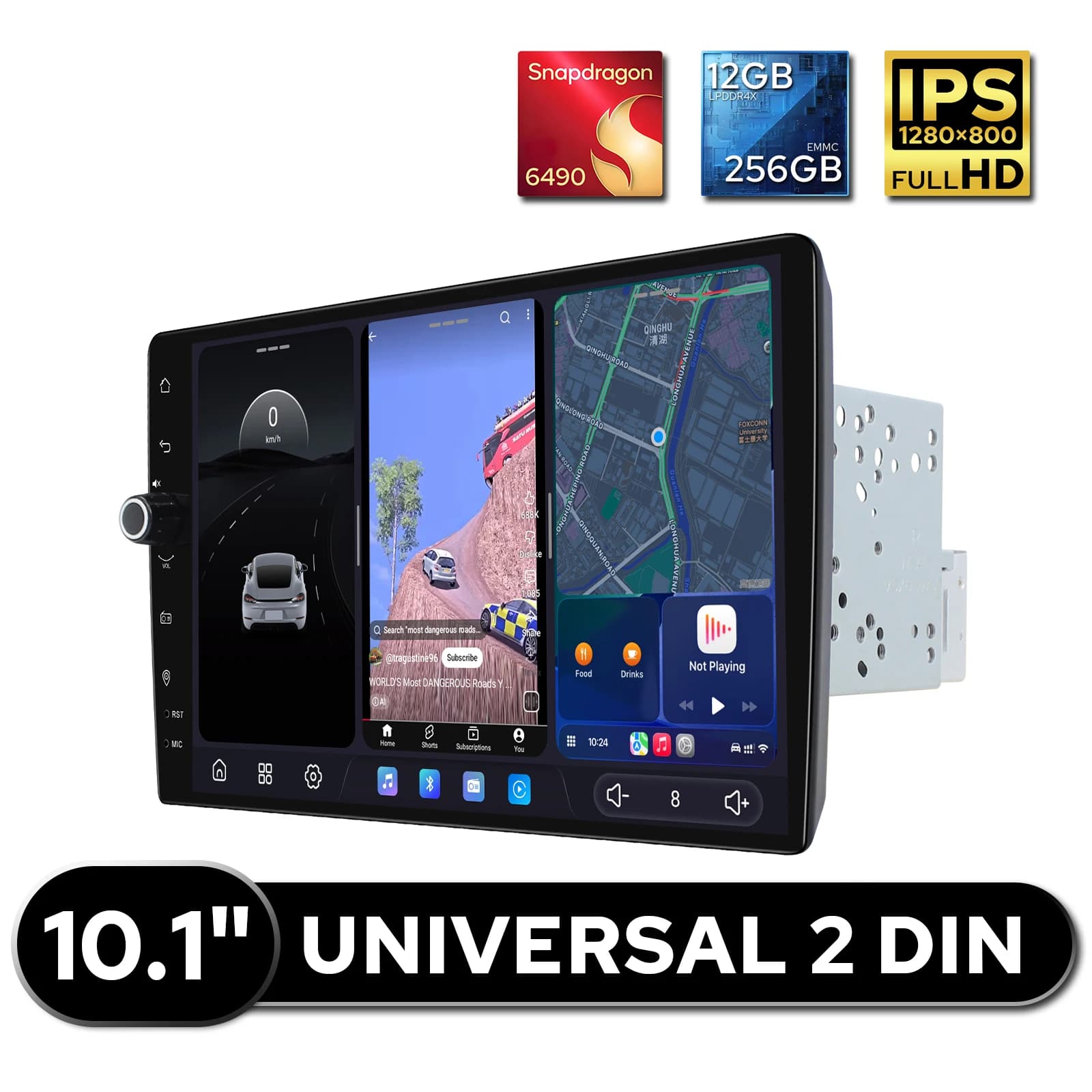 Universal 10.1 Inch Android Car Radio 12GB RAM 256GB ROM Wireless CarPlay Android Auto HDMI Input Output GPS Navigation Stereo