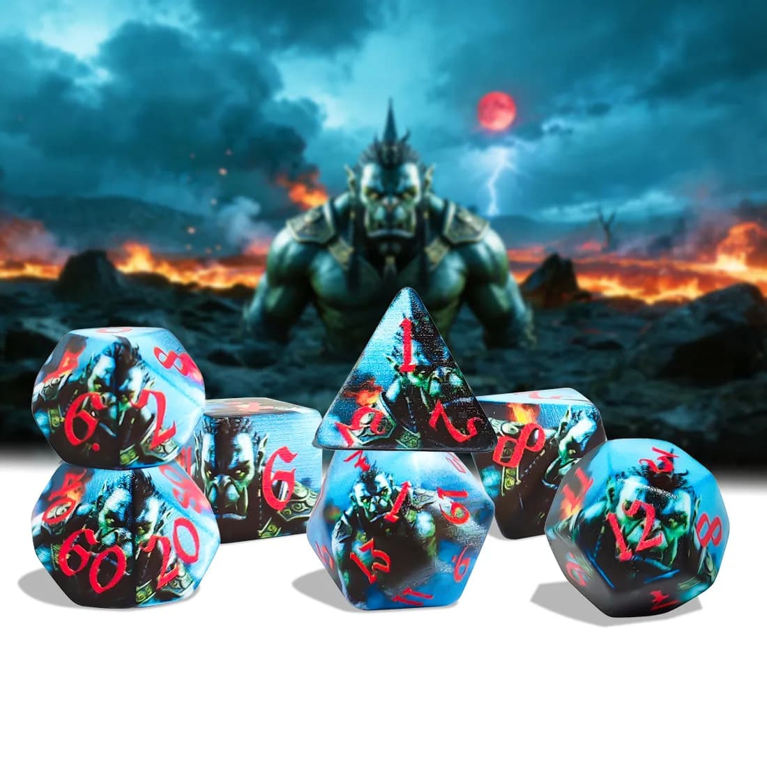 Set di Dadi Poliedrici da 7 Pezzi per Guerrieri Orchi – Dadi Fantasy DND con Inchiostro Rosso per Giochi di Ruolo da Tavolo, Perfetti per D&D, MTG e Giochi da Tavolo