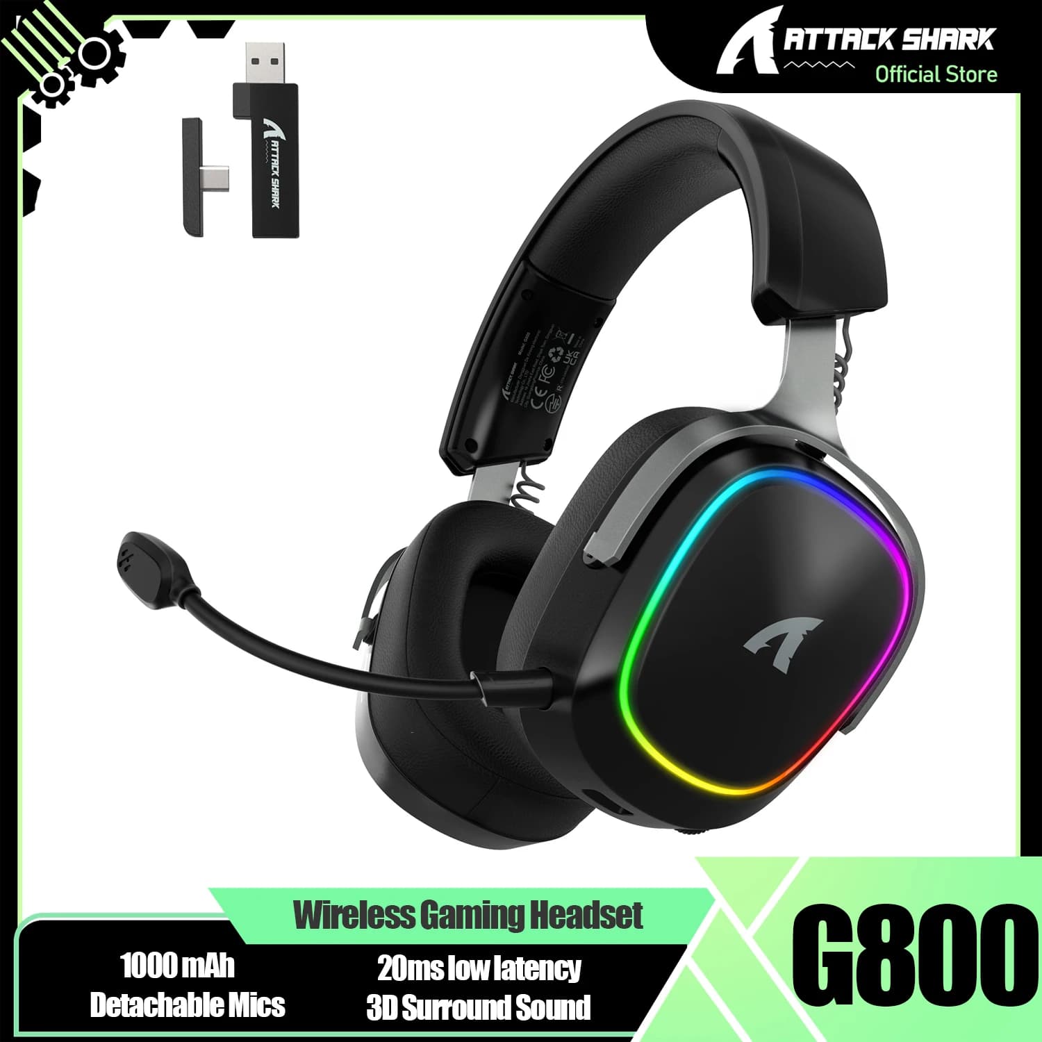 ATTACK SHARK G800, 1000 mAh, detachable microphones, aluminum alloy frame, 3D surround sound, low latency 20 ms