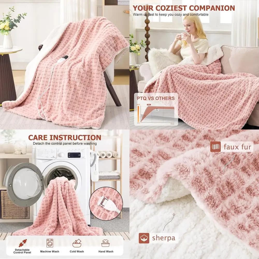 Coperta riscaldata 62x84 - Coperta elettrica rosa con 6 livelli di calore e 10 impostazioni timer, morbida pelliccia sintetica e Sherpa, macchina Washa