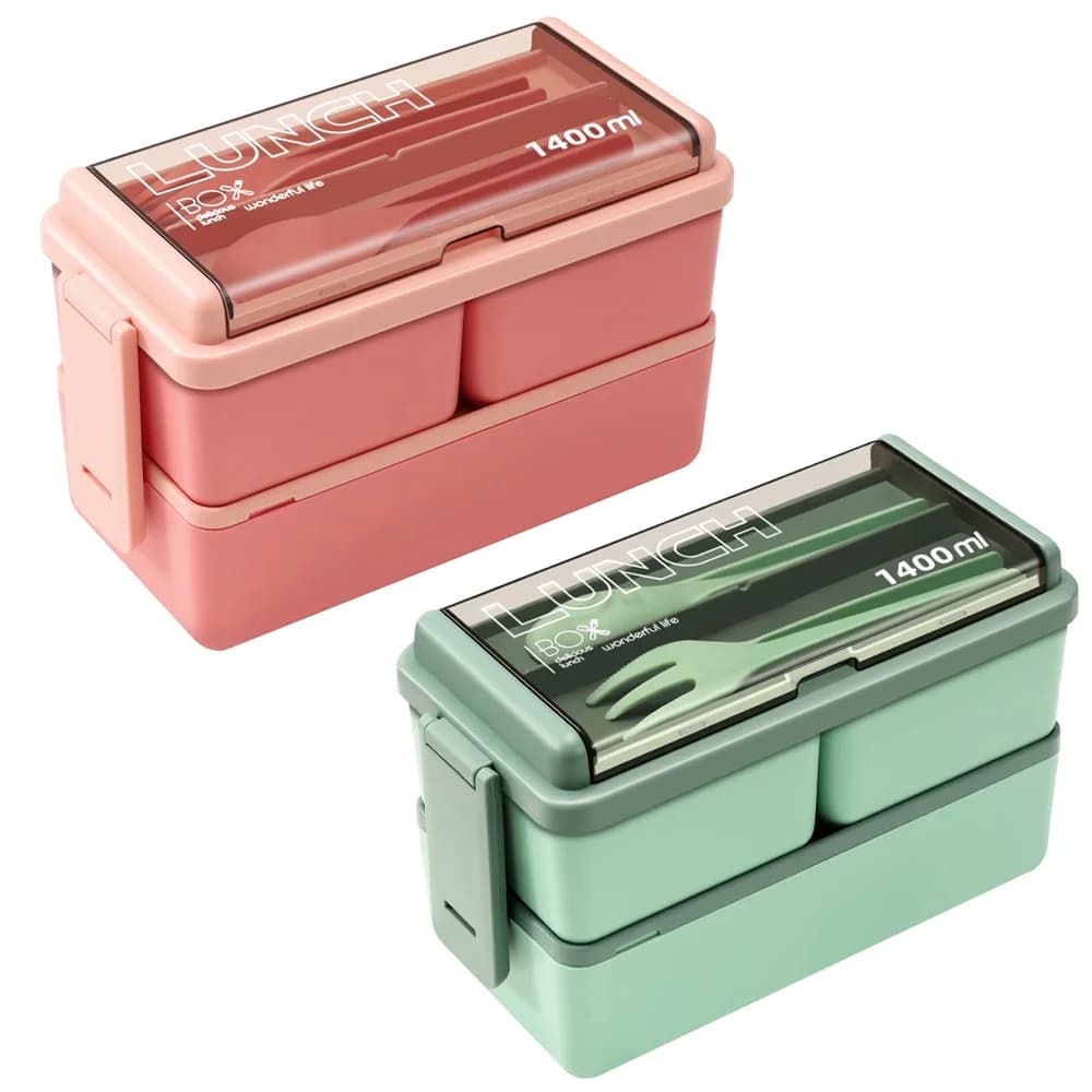 Portavivande portatile a doppio strato per bambini con forchetta e cucchiaio, set di stoviglie per microonde, contenitore per alimenti.