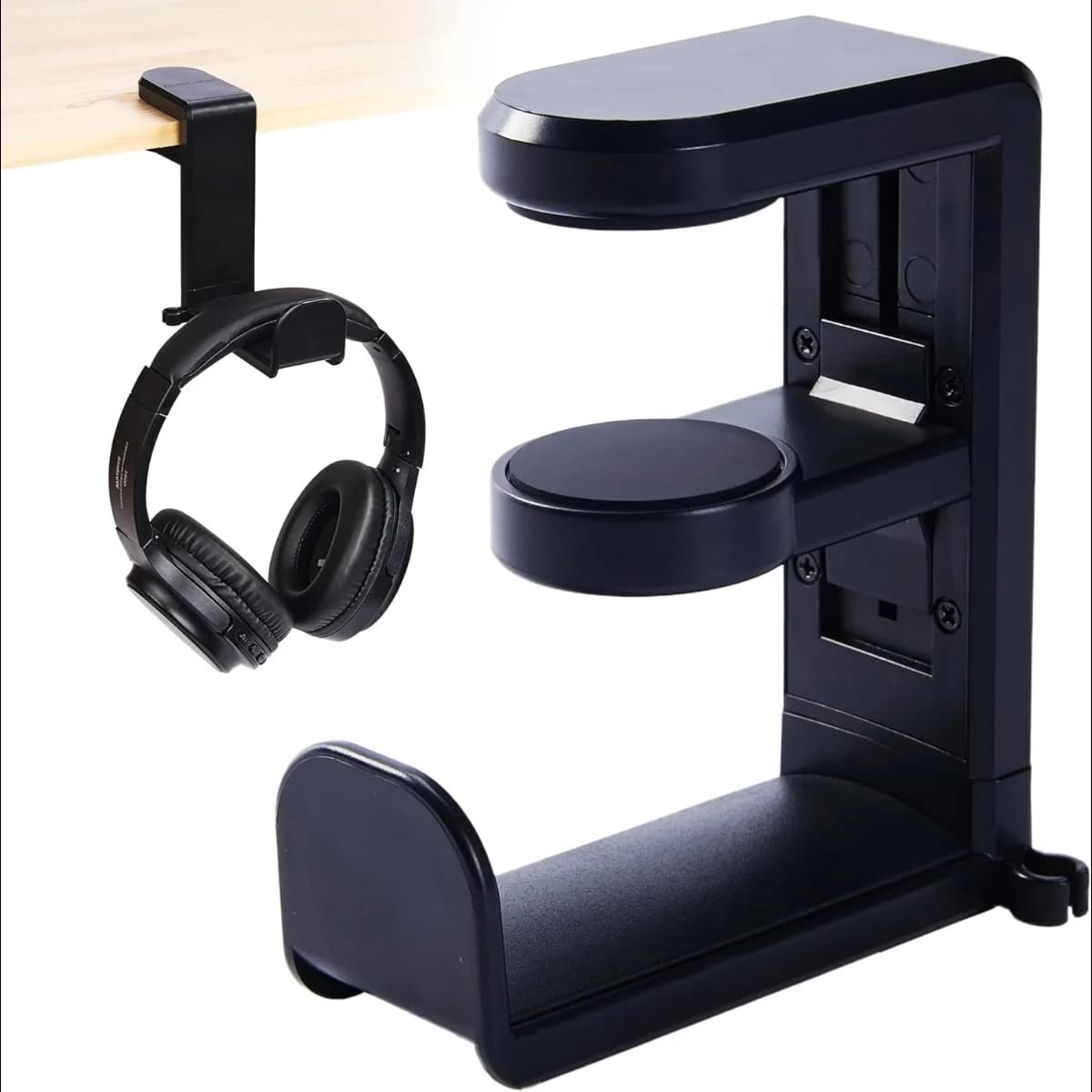 Foldable Rotatable Headphone Stand – Clamp-on Under Desk Hook, 360° Swivel Headset Hanger with Cable Clip, Space-Saver