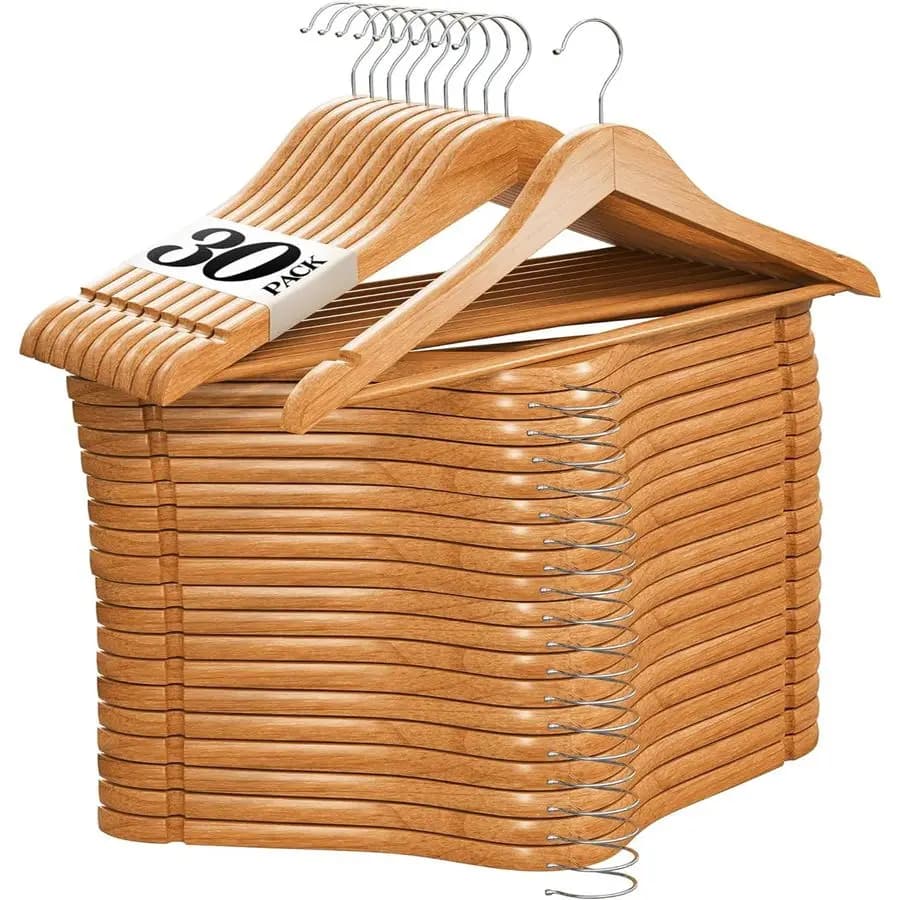 Appendiabiti in Legno, Confezione da 30, in Legno Naturale, Resistenti, Antiscivolo, per Giacche, Camicie, Pantaloni e Completi, Premium Solidi