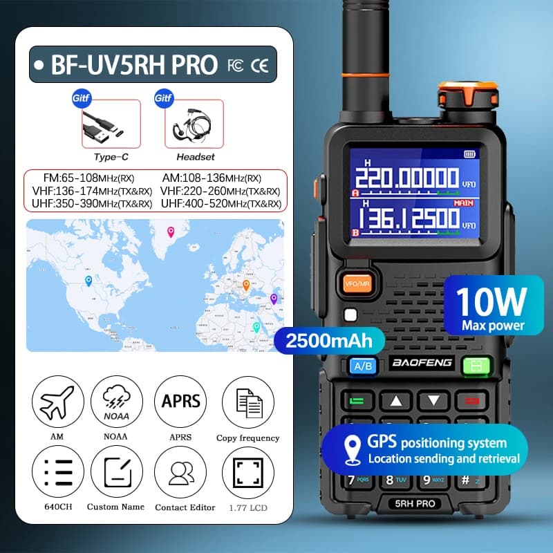 Baofeng UV-5RH PRO Walkie Talkie GPS Multi Band AM FM Type-C Wirless Copia Frequenza Ham Radio di comunicazione a lungo raggio bidirezionale