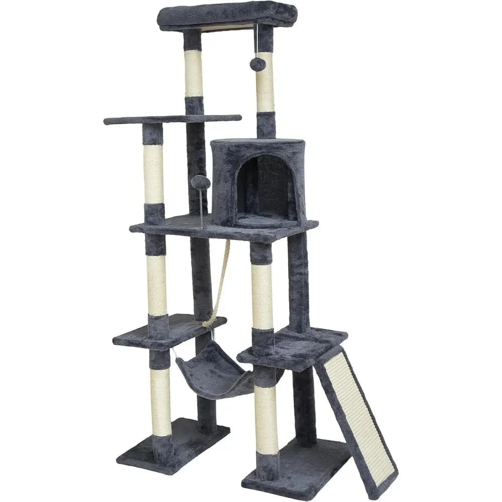 Torre per Gatti a 65 Livelli con Posti di Tiraggio in Sisal, Cuccia, Amaca e Pallina Pendente in Grigio