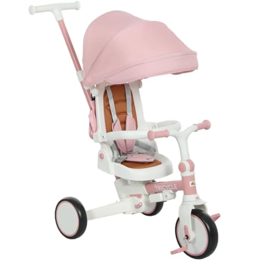 Passeggino Triciclo Pieghevole Rosa 7 in 1 per Bambini 1-5 Anni con Manico Regolabile, Sedile Girevole, Tettuccio Rimovibile, Sicuro