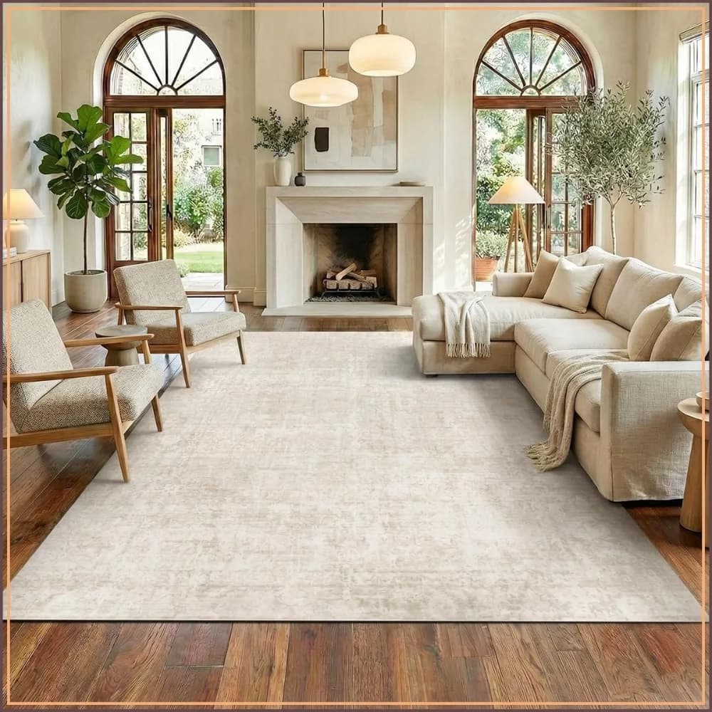 Vintage Faux Wool 8x10 Area Rug - Non Slip Washable Carpet for Living Room Bedroom Dining Room, Beige
