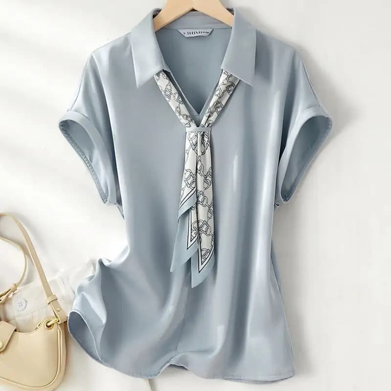 Camicia con collo alto allentato a maniche corte con temperamento Top Estate nuova camicetta di moda sottile solida tutto-fiammifero ufficio abbigliamento donna coreana