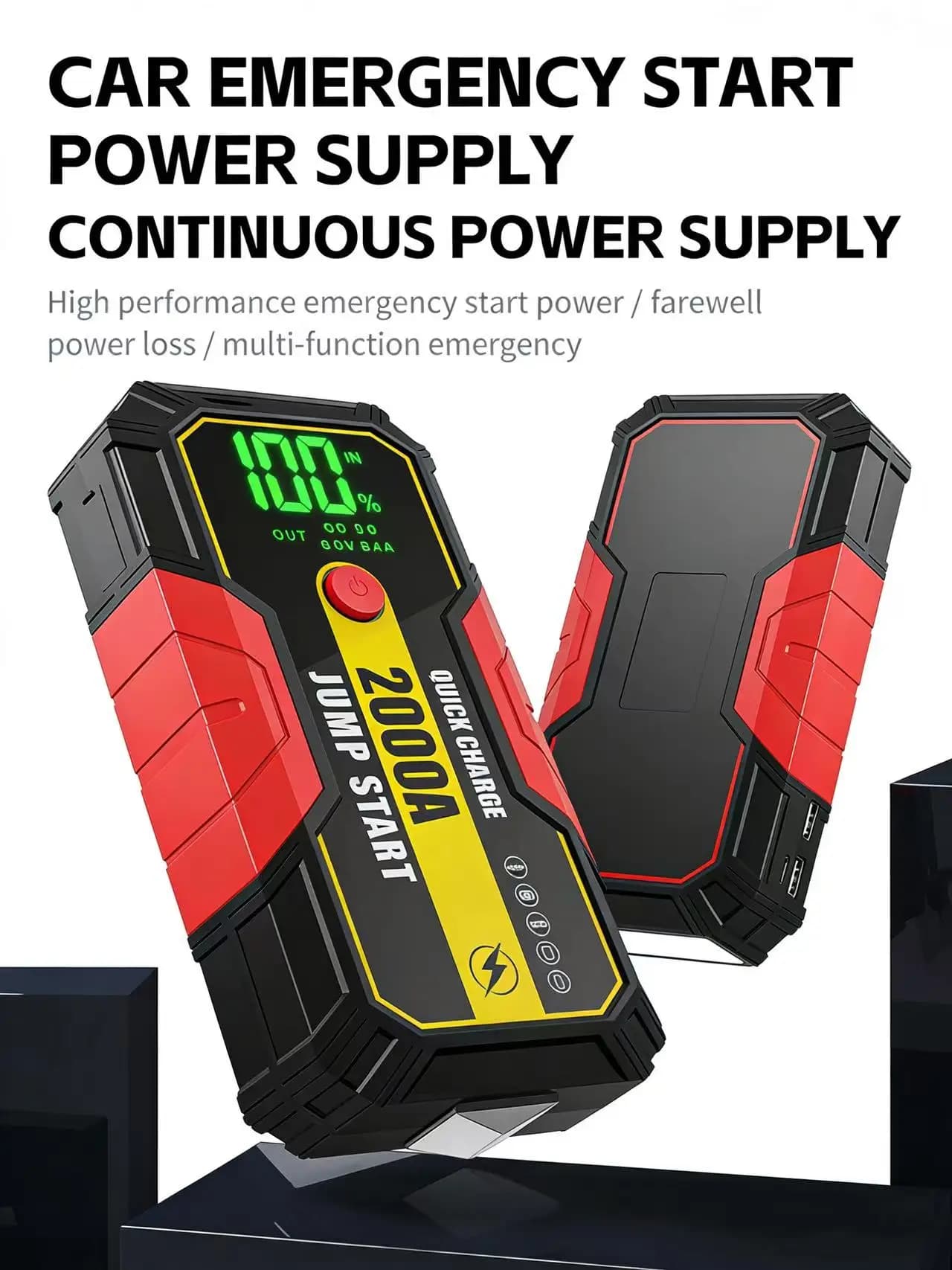 Avviatore d'Emergenza per Auto 2000A 12V, Power Bank Portatile, Caricabatterie, Booster d'Emergenza per Auto fino a 8.0L Benzina/7.0L Diesel