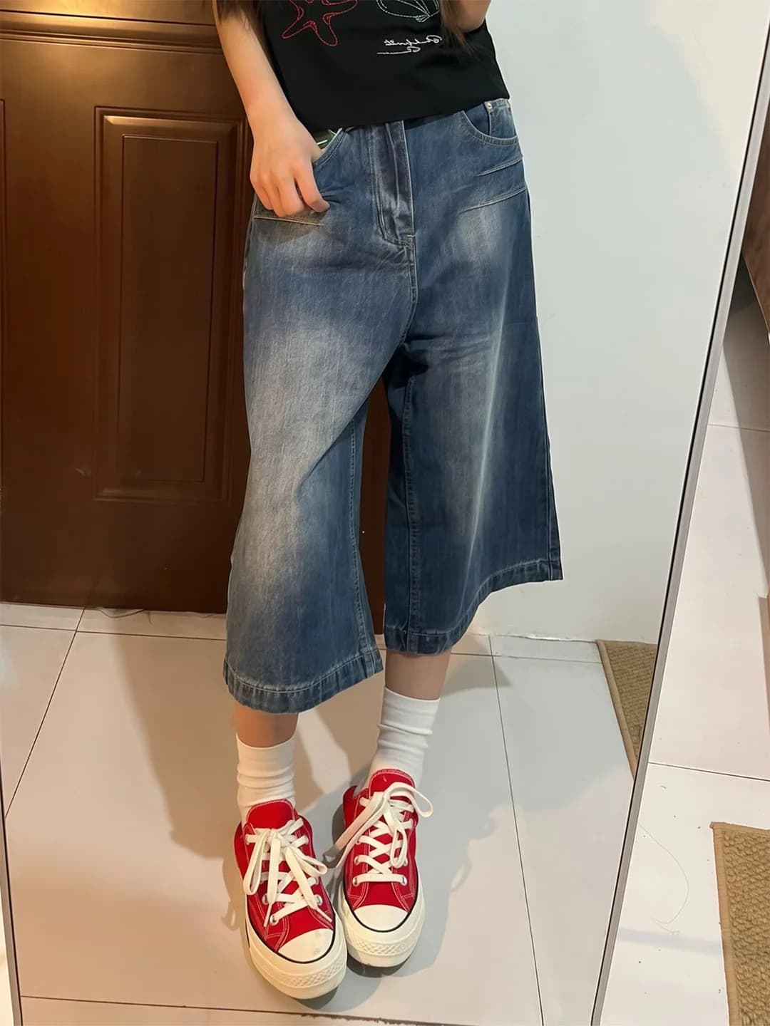 Jeans a Vita Alta Vintage Effetto Usurato a Gamba Dritta da Donna, Nuovi Pantaloni Estivi a Gamba Larga Traspiranti e Comodi in Tinta Unita