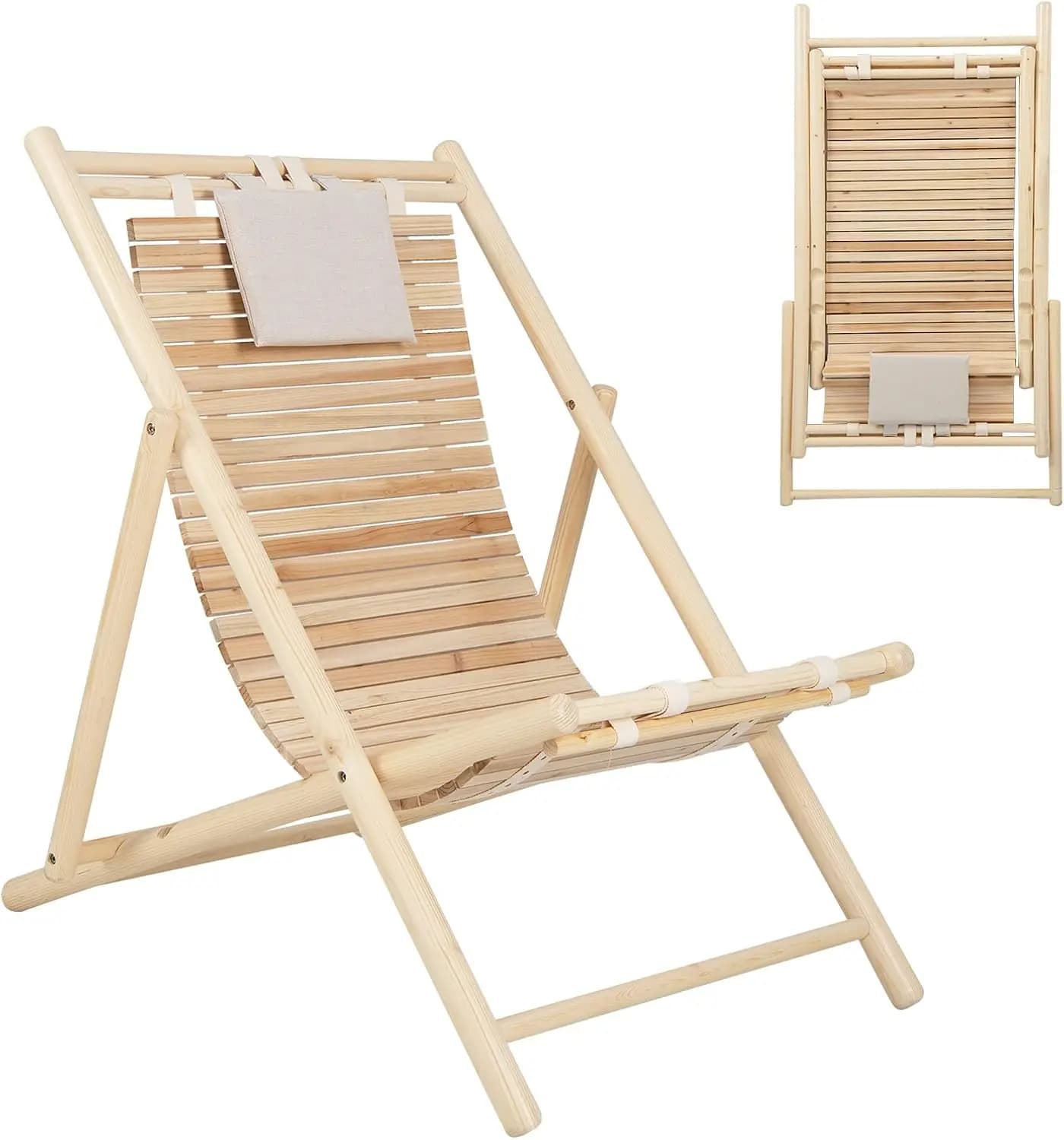 Outdoor Wood Sling Chair Adjustable Reclining Lounger Foldable Patio Lounge Chair With Cushioned Headrest For Beach Garden Yard Deck Porch Balcony Poolside, Natural Wood Color, Single Piece