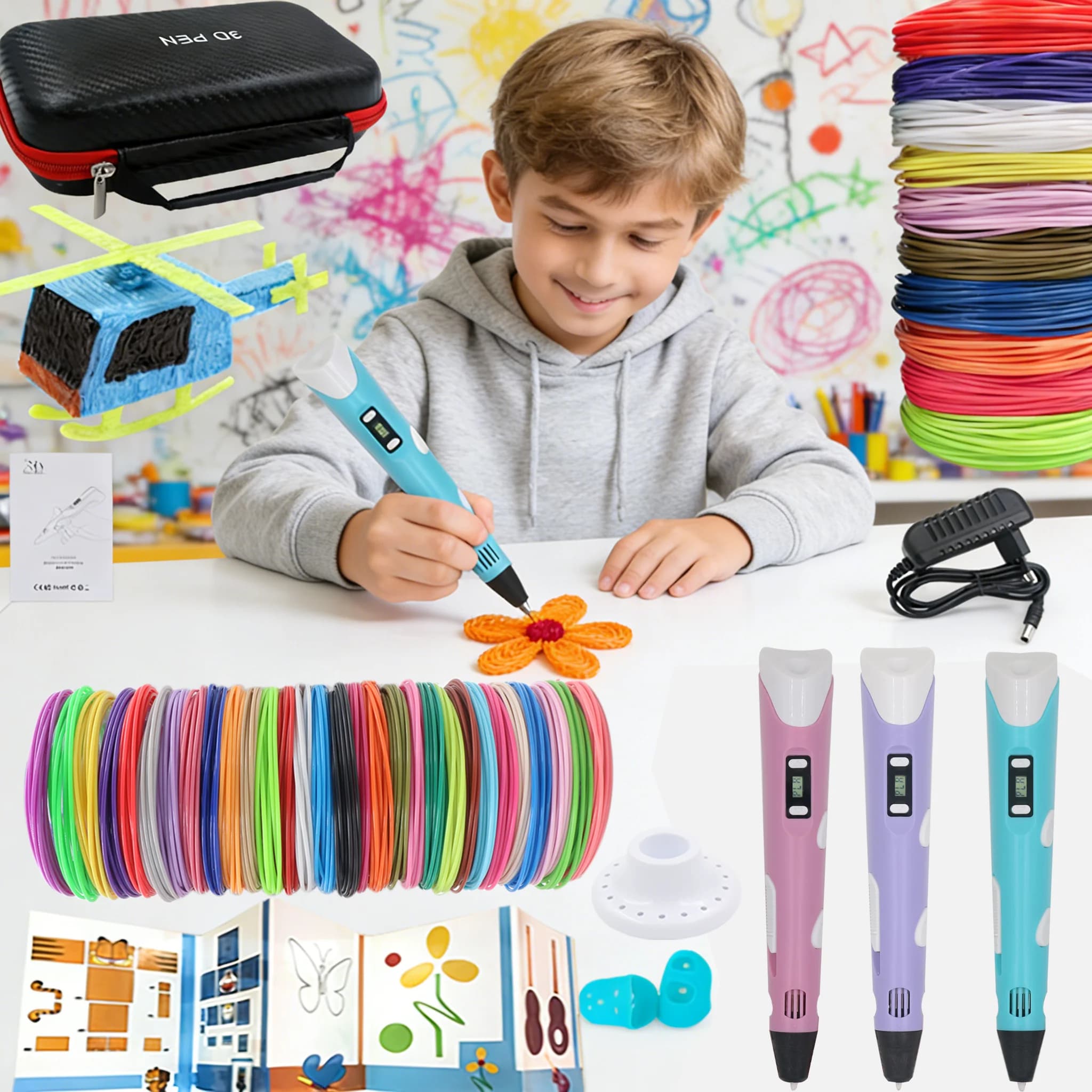 New Children's 3D Printing Painting Pen Set with LCD Display 200M PLA Filament Travel Box Kids Birthday Christmas Creative Gifts