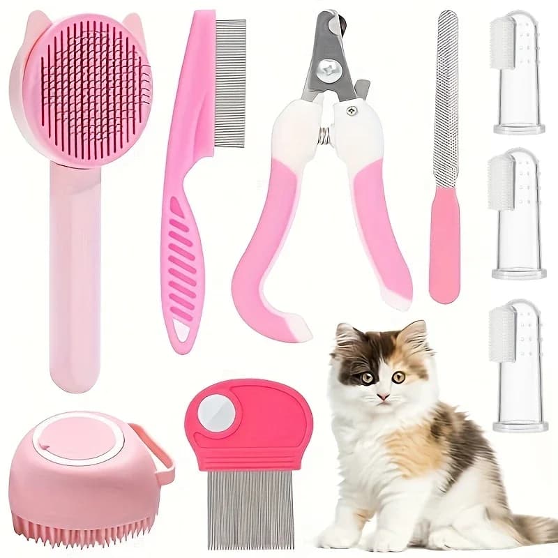 8 pezzi kit di bellezza spazzola per gatti con tagliaunghie per animali domestici e lime kit autopulente per animali domestici pettine per pulci shampoo per animali spazzola da bagno per cani Sheddin