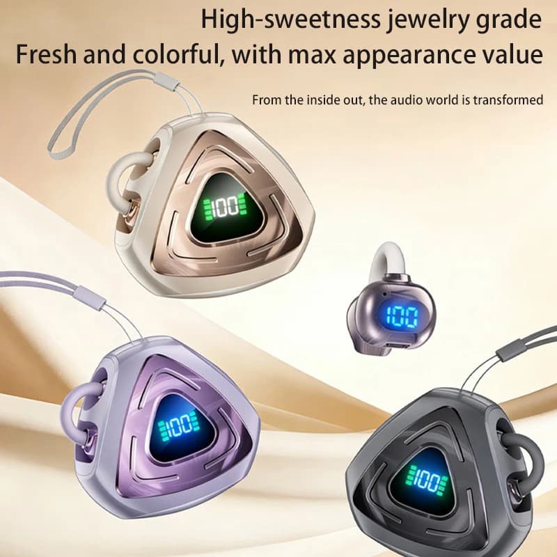 Trendy open clip earphones with Bluetooth 5.4 and charging case with high definition digital display, high quality audio.