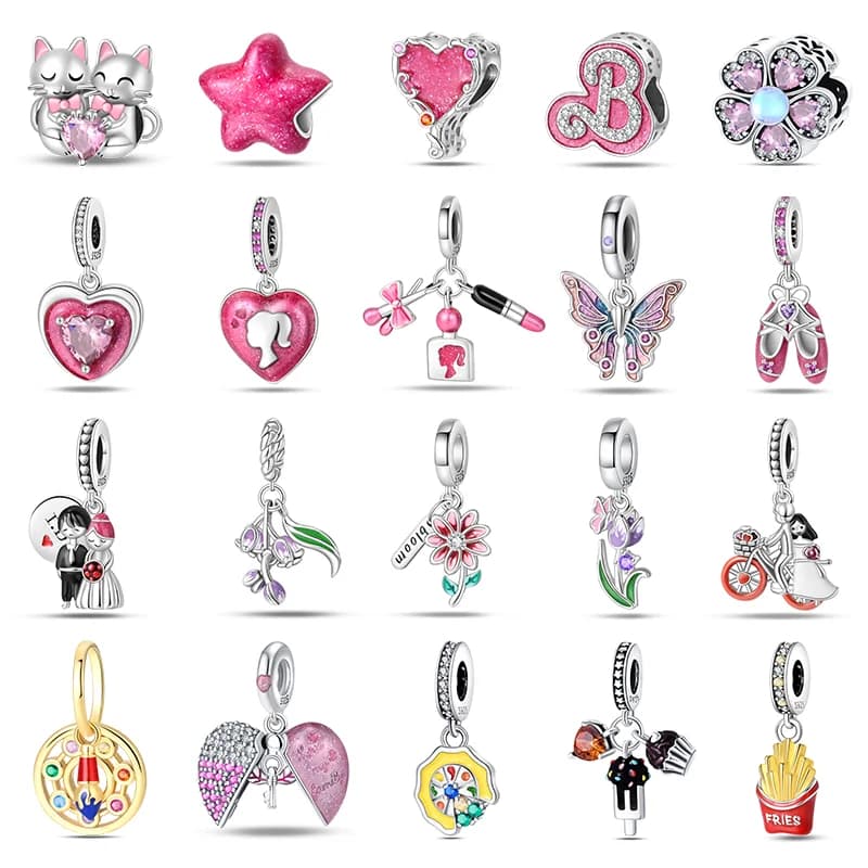 925 Sterling Silver Pink Butterfly Shoes Heart Charm Poodle Beads for 3mm Original Bracelet DIY Jewelry Birthday Gift