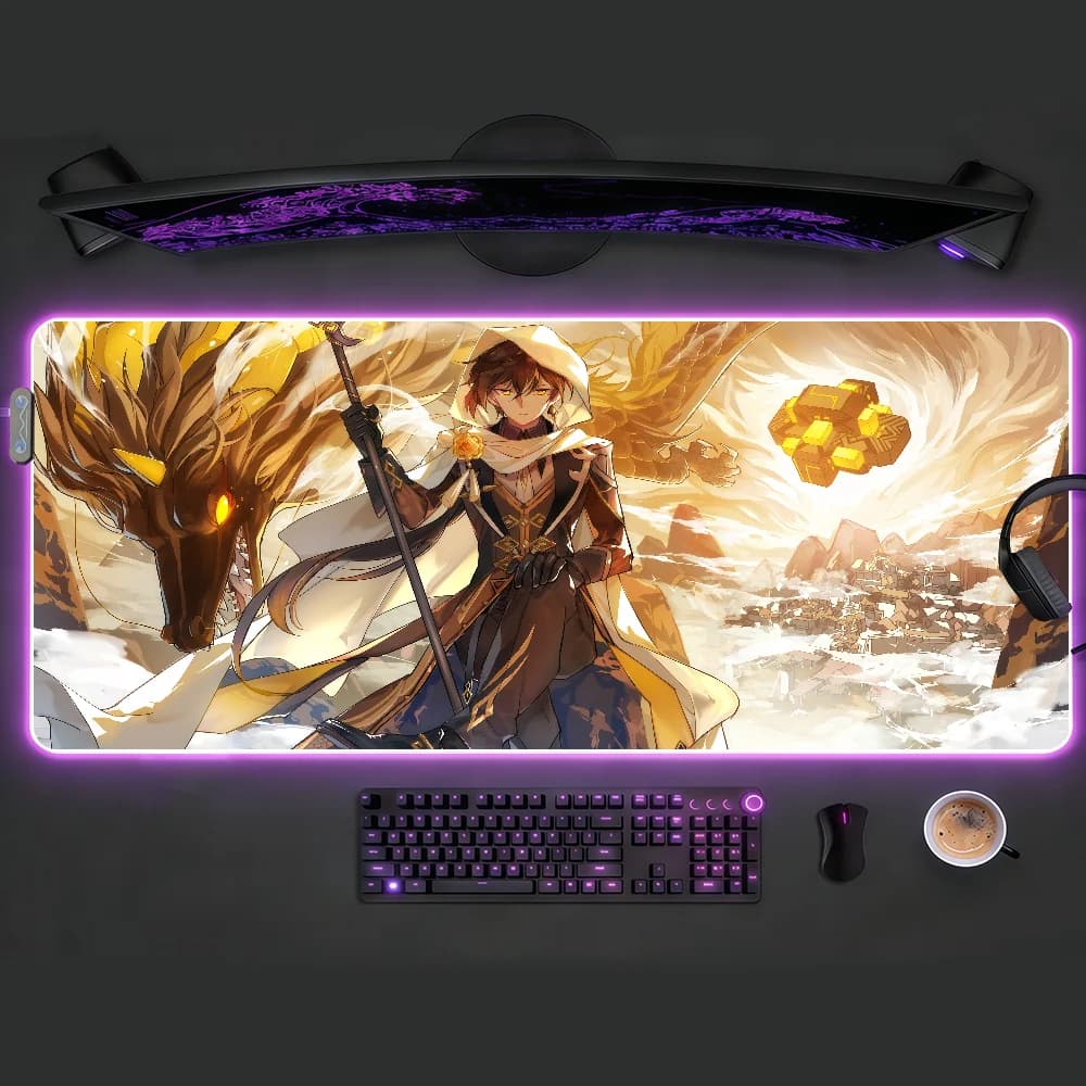 Tappetino per mouse Genshin Impact Zhongli RGB LED, tappetino da scrivania antiscivolo in gomma, accessori da gioco, tappetino grande XXL per tastiera da ufficio e computer
