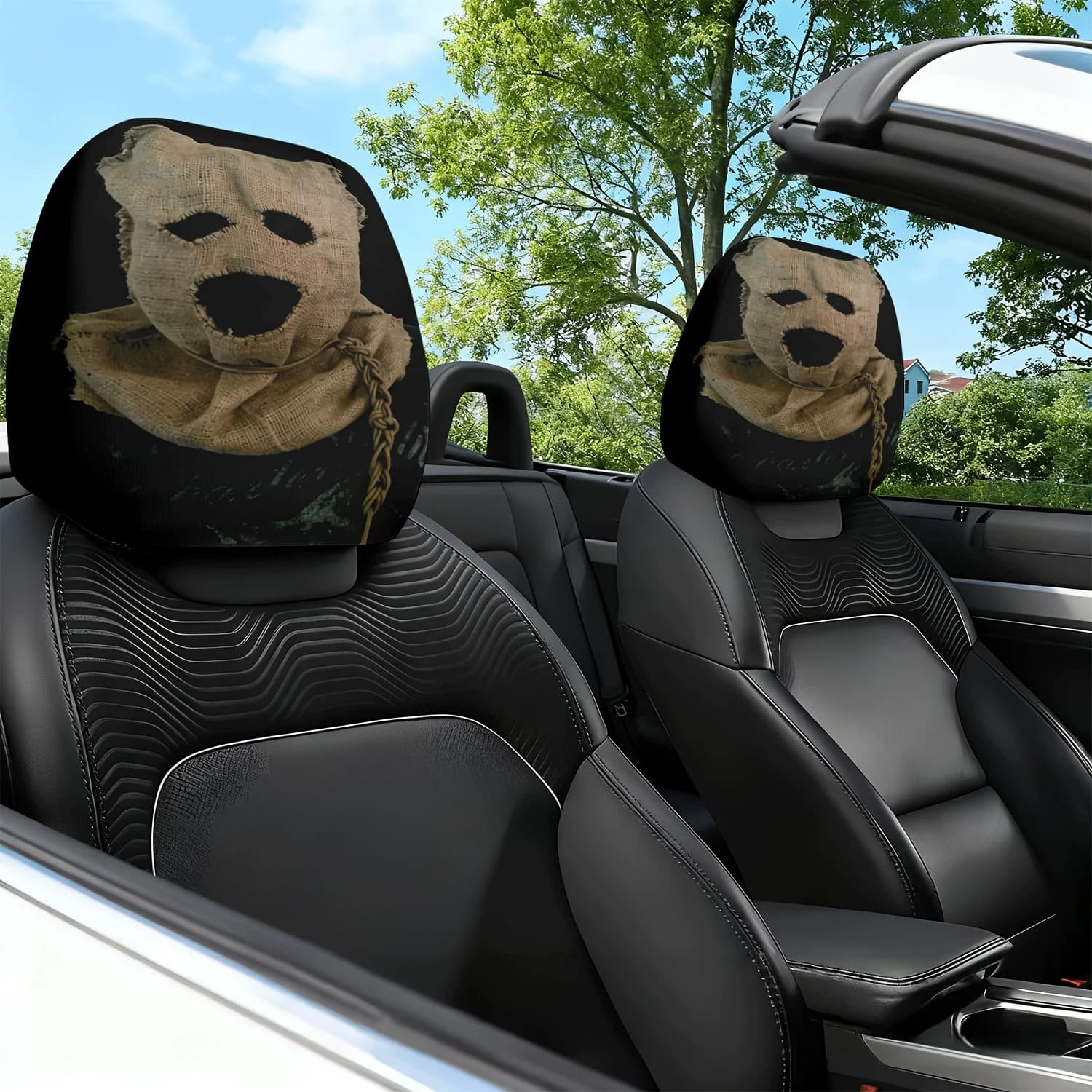 2 copri poggiatesta per auto con stampa a tema artistico di un misterioso peluche, progettati per cuscini per sedili auto e cuscini per il collo. wi