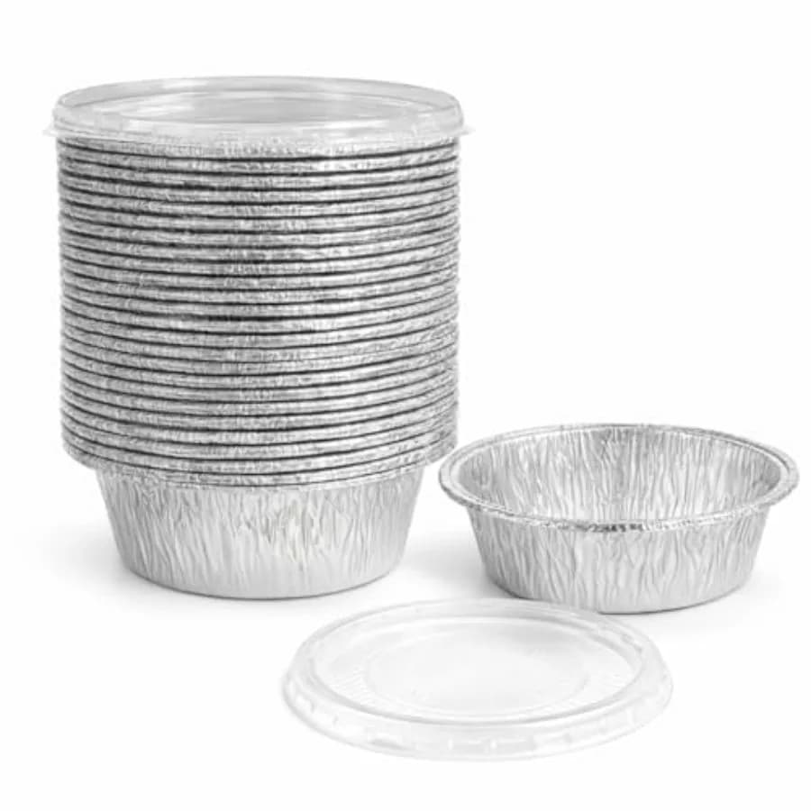 Pack] 5 Inch Mini Aluminum Foil Cake Pans with Lids, 9oz Small Round Disposable Baking Cups, Oven and Air Fryer Safe Foil Tins