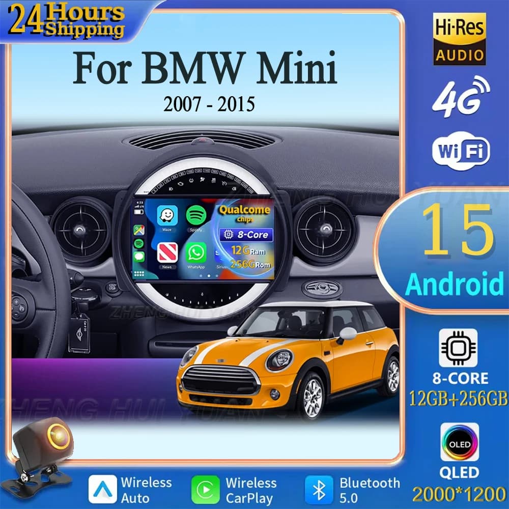 For BMW Mini 2007 - 2015 Android 15 Car Radio Multimedia Player Android Auto Carplay Head Unit Navigation GPS WIFI 4G DSP