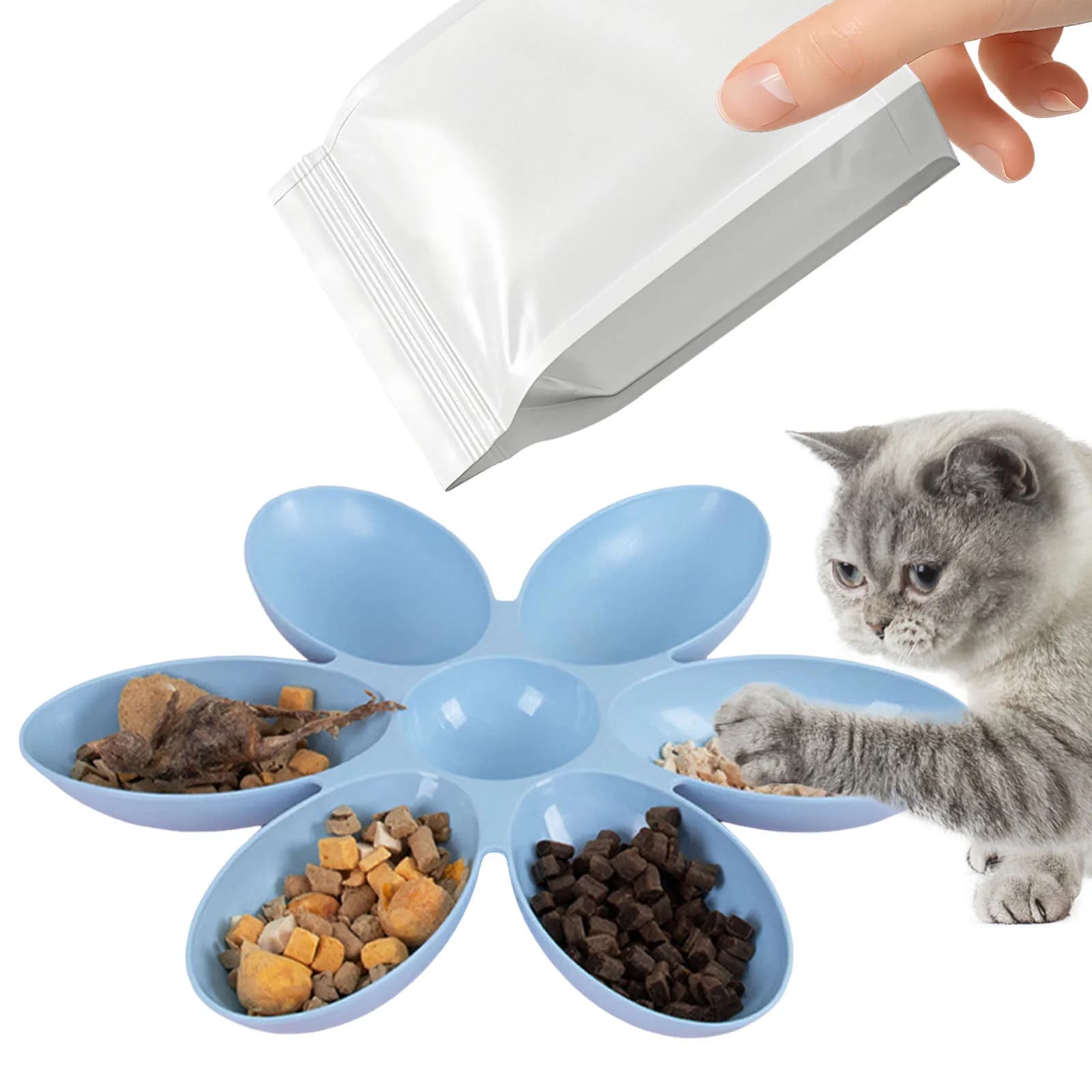 6 Grids Plastic Cat Food Bowl Flower Petal Shaped Multi Pet Food Bowls Non-Slip Reusable Cat Dishes for Indoor Kitten Puppy