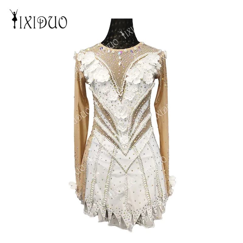 YIXIDUO Abito da pattinaggio di figura con perle floreali bianche Costume da pattinaggio su ghiaccio professionale per bambini adulti in spandex a maniche lunghe fatto a mano