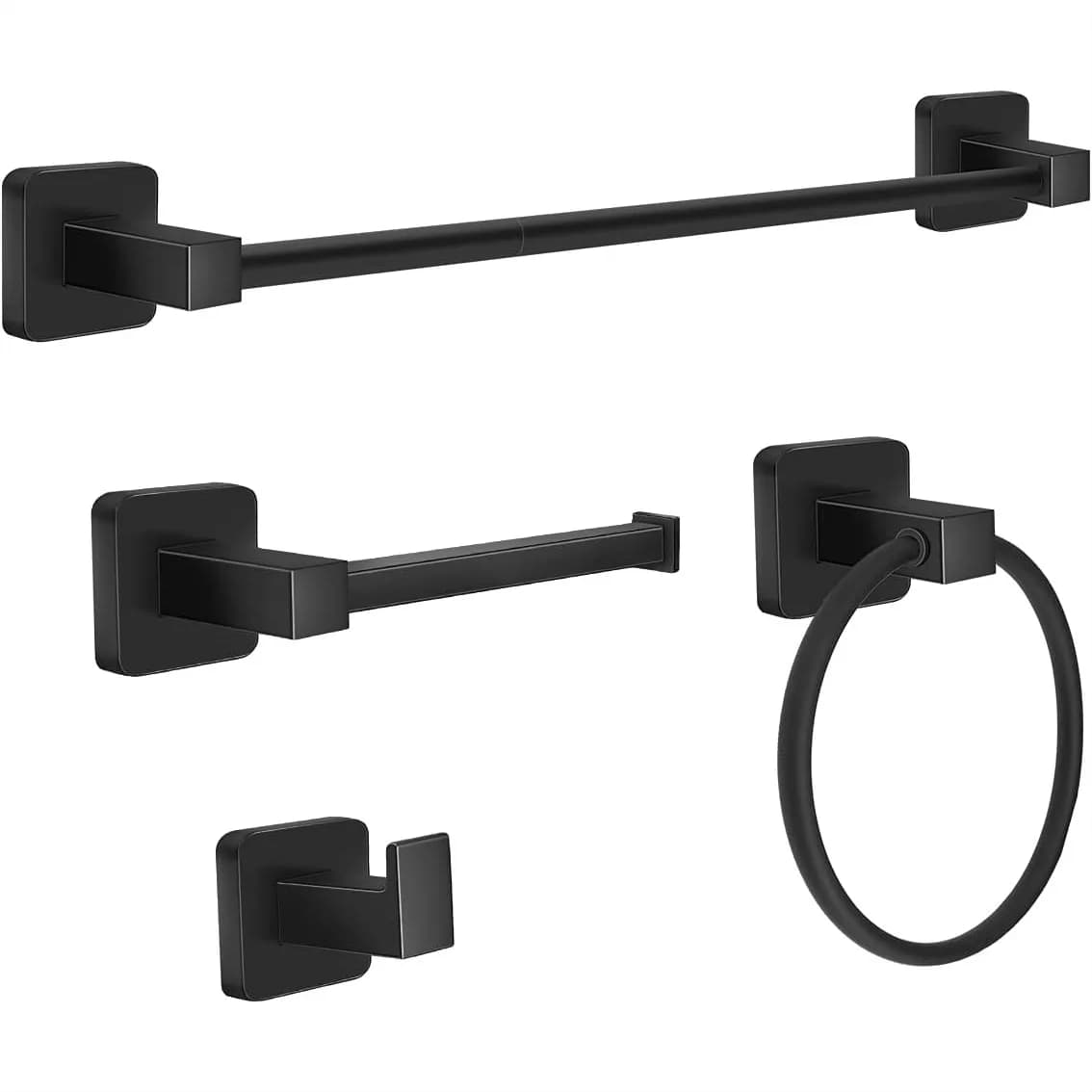 Set di accessori per il bagno da 4 pezzi, portasciugamani in acciaio inossidabile nero opaco con barra da 24 pollici, anello, ganci e porta carta igienica