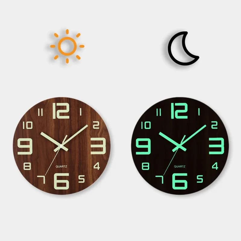 12 Inch Bright Wooden Wall Clock, Silent Quartz Clock With Night Light, Nordic House Bedroom Furniture