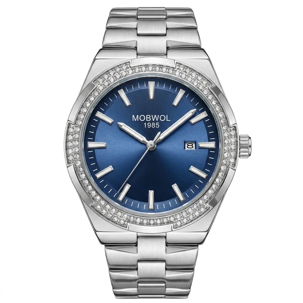 MOBWOL Elegant Men Stainless Steel Quartz Watch Scratch Resistant Glass Luminous Date Waterproof Business Sports Male Wristwatch