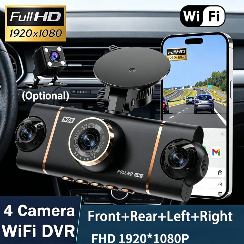 Car Dash Cam Car DVR UHD 4K 1080P 360° WIFI APP Video Recorder 4CH Front with Rear Night Vision Gravity Sensor, Loop Recording