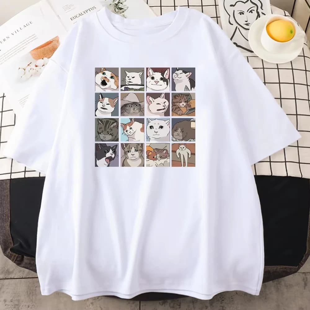 T-shirt da uomo stampata con gatti meme e puzzle, traspirante, divertente, oversize, in cotone, a maniche corte, per la spiaggia 62455