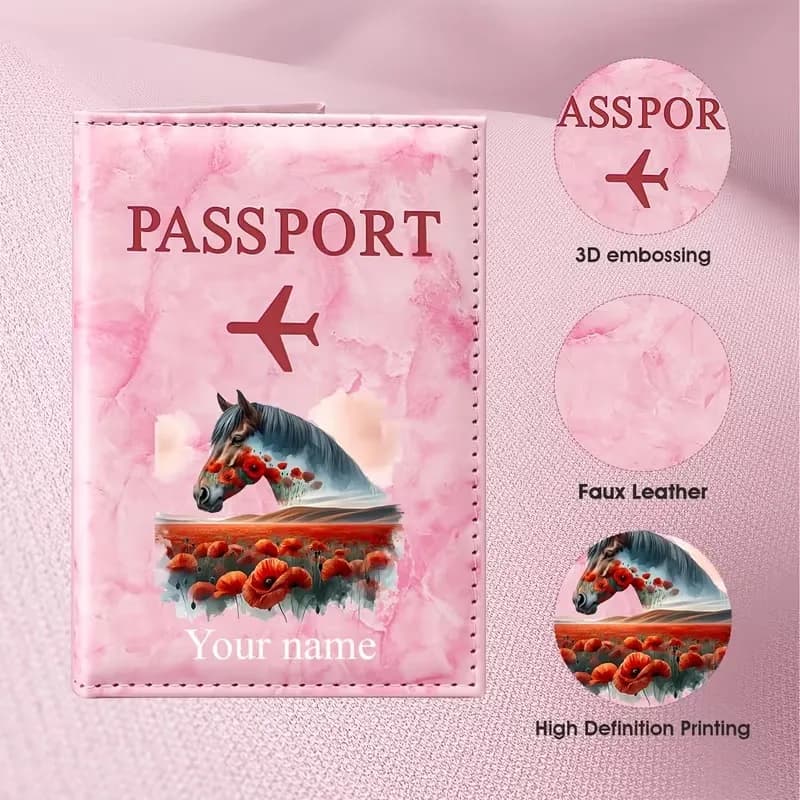 Custom Name Horse and Safflower Art Illustration Passport Holder, Featuring a Dark Stallion Standing Among Red Safflower Fields