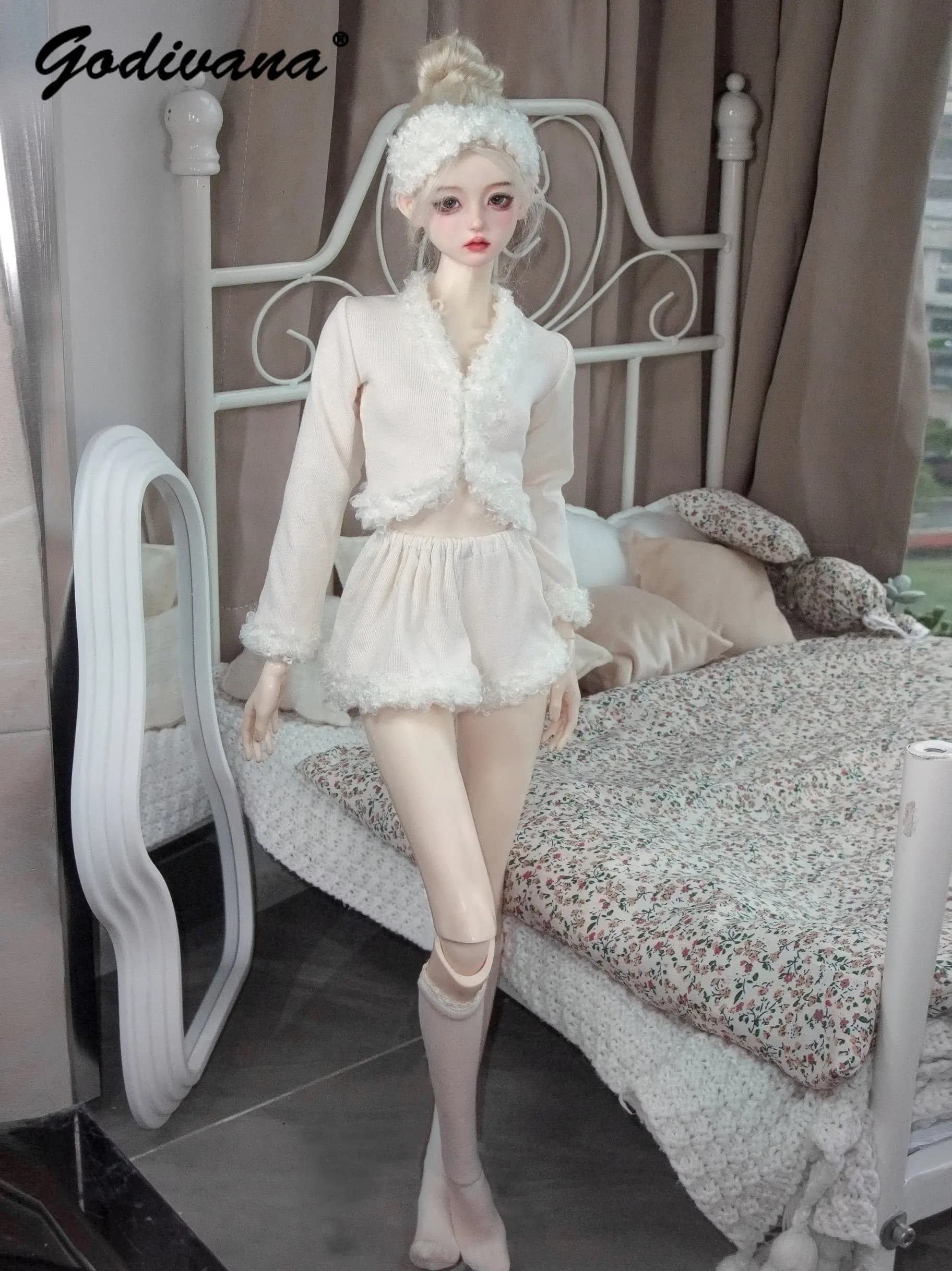 BJD 1/3 Doll Outfit Set Coquette White Lace Fringe Trim Cropped Cardigan and Elastic Shorts Sweet Home Loungewear Doll Clothes