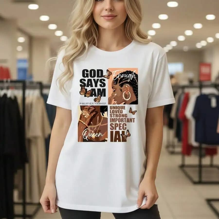 T-shirt da donna in cotone con stampa grafica, stampa ispiratrice 'God Says I Am Enough', girocollo a maniche corte