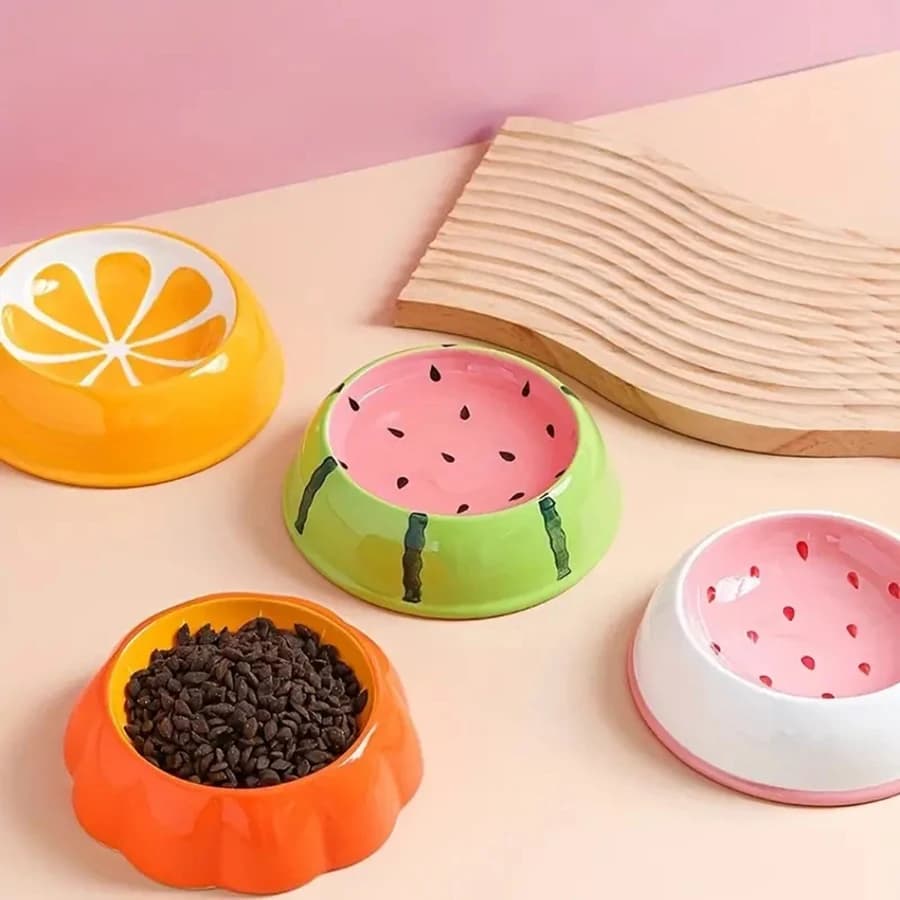 Ciotola per Gatti in Ceramica con Design a Frutta, Contenitore Anti-Ribaltamento per Cibo e Acqua, Motivi Anguria, Fragola, Zucca, Arancia