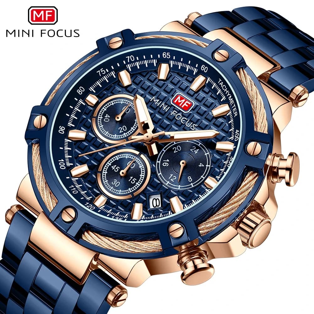MINI FOCUS Orologio al Quarzo Multifunzionale Sportivo per Uomo, Cinturino in Acciaio Inossidabile, Orologi da Polso di Lusso di Marca Top 0470