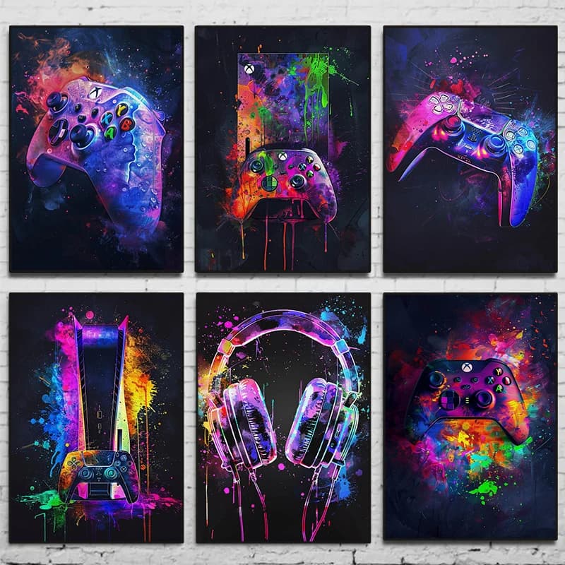 Poster su Tela in Stile Neon Acquerello con Gamepad e Cuffie per Decorazione Camera da Gioco per Ragazzi