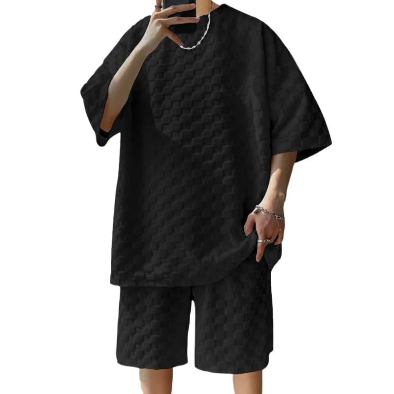 Men's Sports Suit Summer New Korean High Street Jacquard Plaid T-shirt Shorts Two-piece Set Male Casual Retro Loose O-neck Top