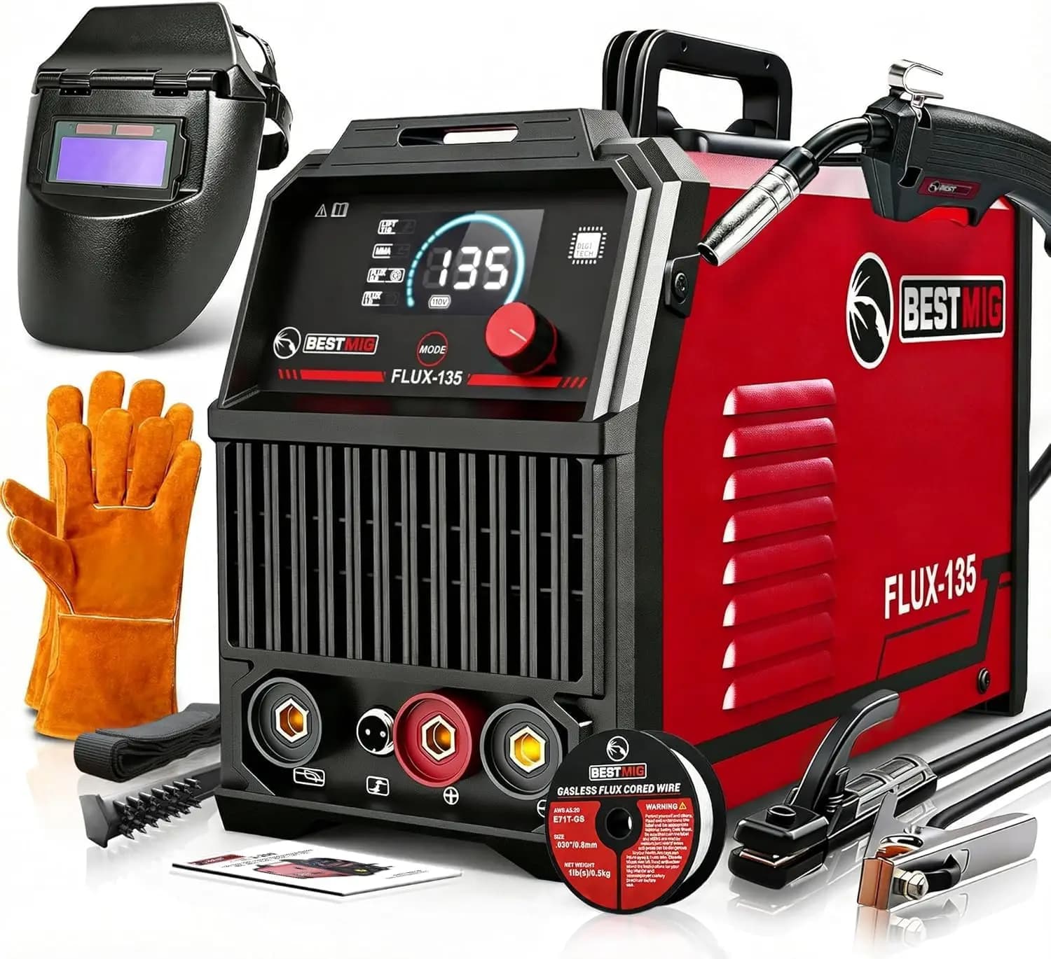 Saldatrice MIG 135A - Macchina 3-in-1 per Filo Animato, MIG/Lift TIG/Stick - Inverter IGBT Portatile con Casco e Guanti
