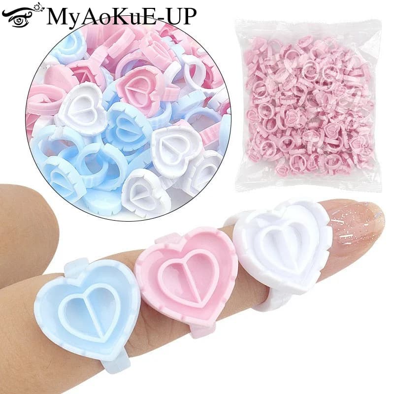 100 pz Colla Usa E Getta Anello Titolare Estensione Delle Ciglia Forniture A Forma di Cuore Lash Lifting Colla Ventola Tazza Pigmento Del Tatuaggio Strumento di Trucco