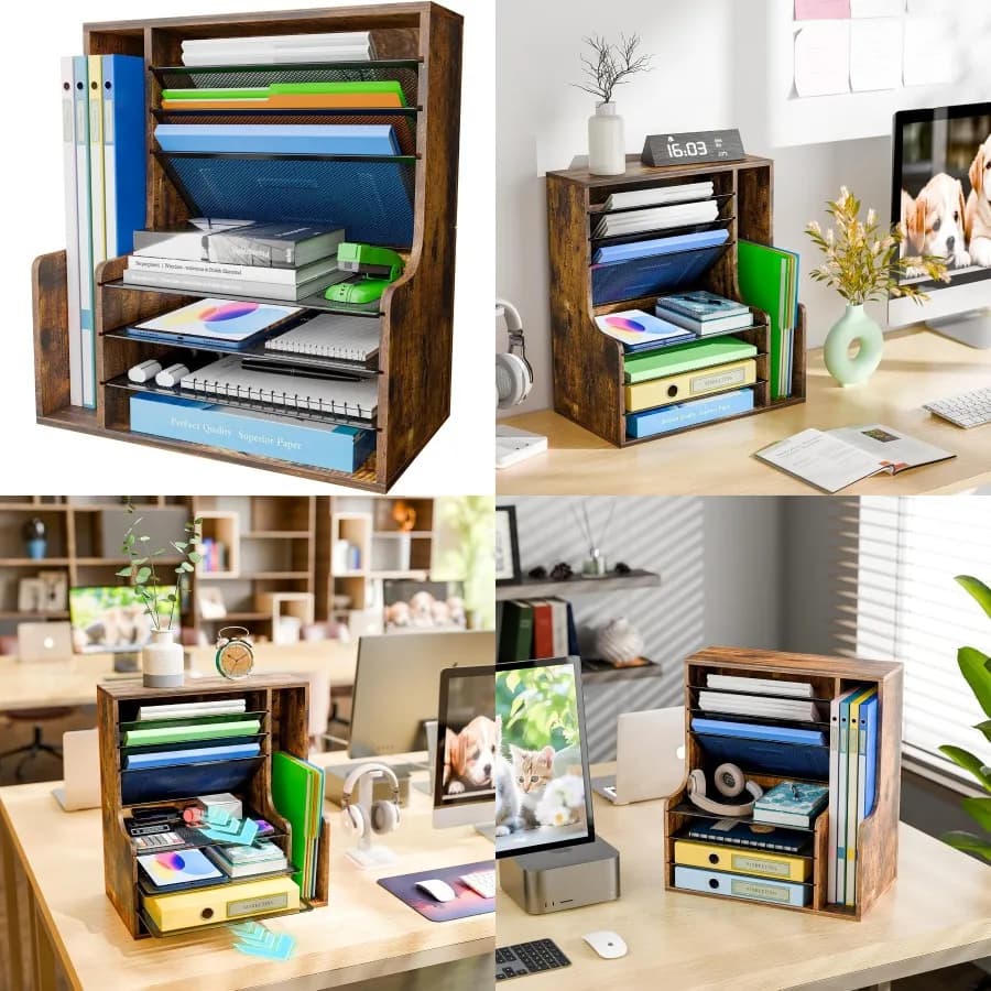 Organizzatore di file da scrivania a 7 livelli con vassoio per lettere in legno e portadocumenti regolabile per una efficiente scrivania in rete per riporre forniture per ufficio
