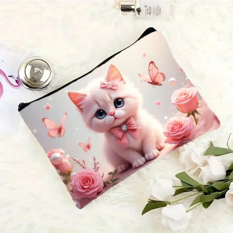 Borsa per il trucco con design simpatico gattino rosa e rosa - 1 pezzo - Pochette multifunzionale con cerniera per donna, perfetta borsa da viaggio con cerniera, divertente regalo di compleanno