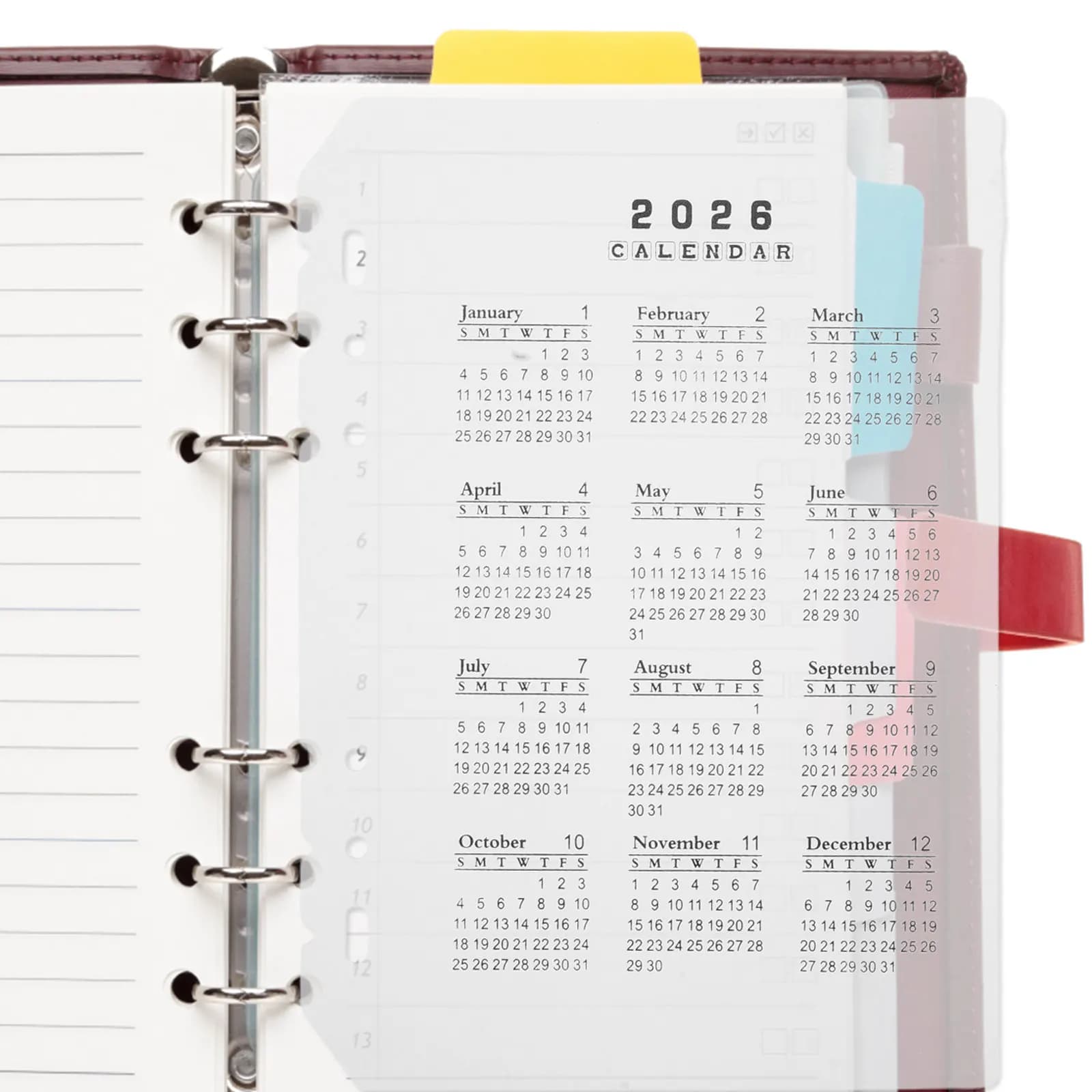 4 Pezzi Divisori Calendario 2026 in Plastica Satinata a 6 Fori, Inserti Ricaricabili A6 per Agenda, Quaderno, Forniture per Ufficio, Data