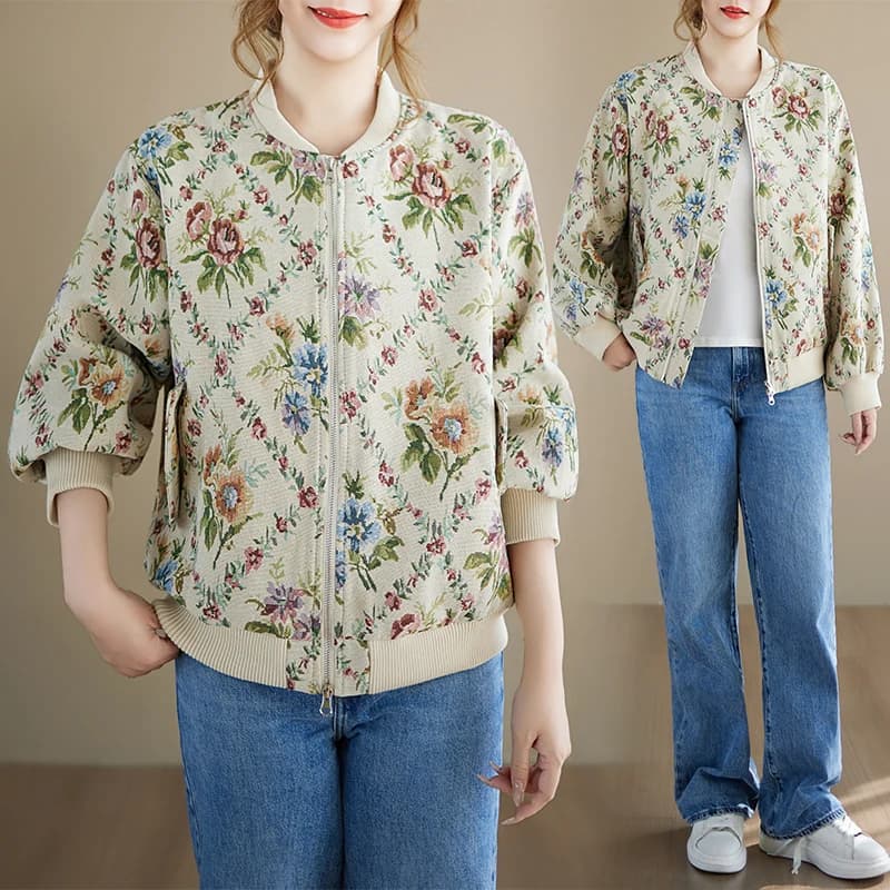 Elegante Giacca Corta da Baseball Autunno Inverno, Capospalla con Ricamo Floreale e Design Pittura a Olio, Top Alla Moda per Donna, Ideale per il Pendolarismo