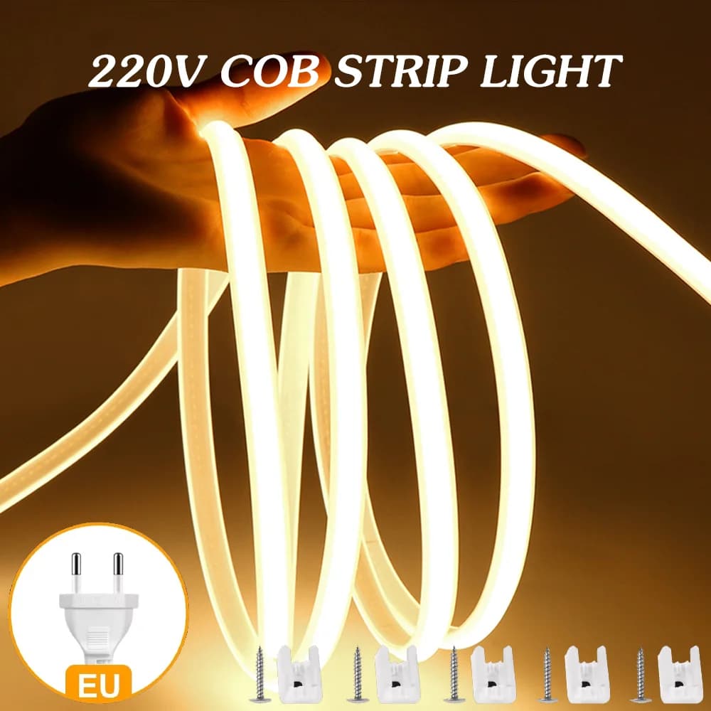 220V Super Bright COB LED Strip 288LEDs/m with EU Power Plug 1M-10M Warm/White Waterproof Flexible LED Tape for Outdoor Garden