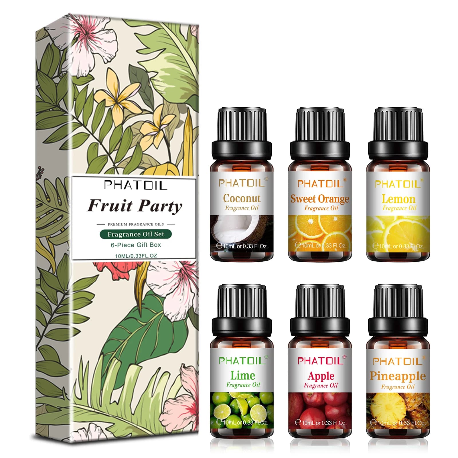 PHATOIL 6PCS Fruit Fragrance Oils Set for Diffuser-10ML Coconut Sweet Orange Lemon Lime Apple Pineapple Long-Lasting Fragrance