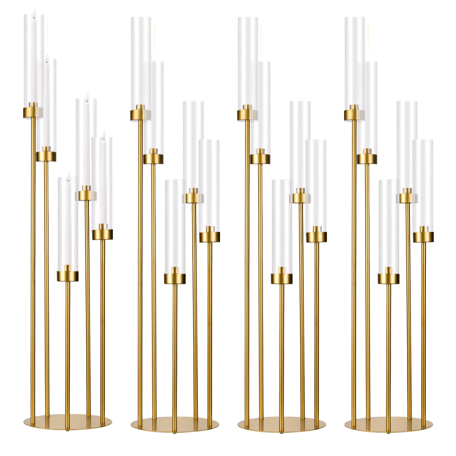 Set of 4 Golden Land Candles 100 cm high with 5 Arms and Acrylic Shades for Weddings, Birthdays, Home Decorations